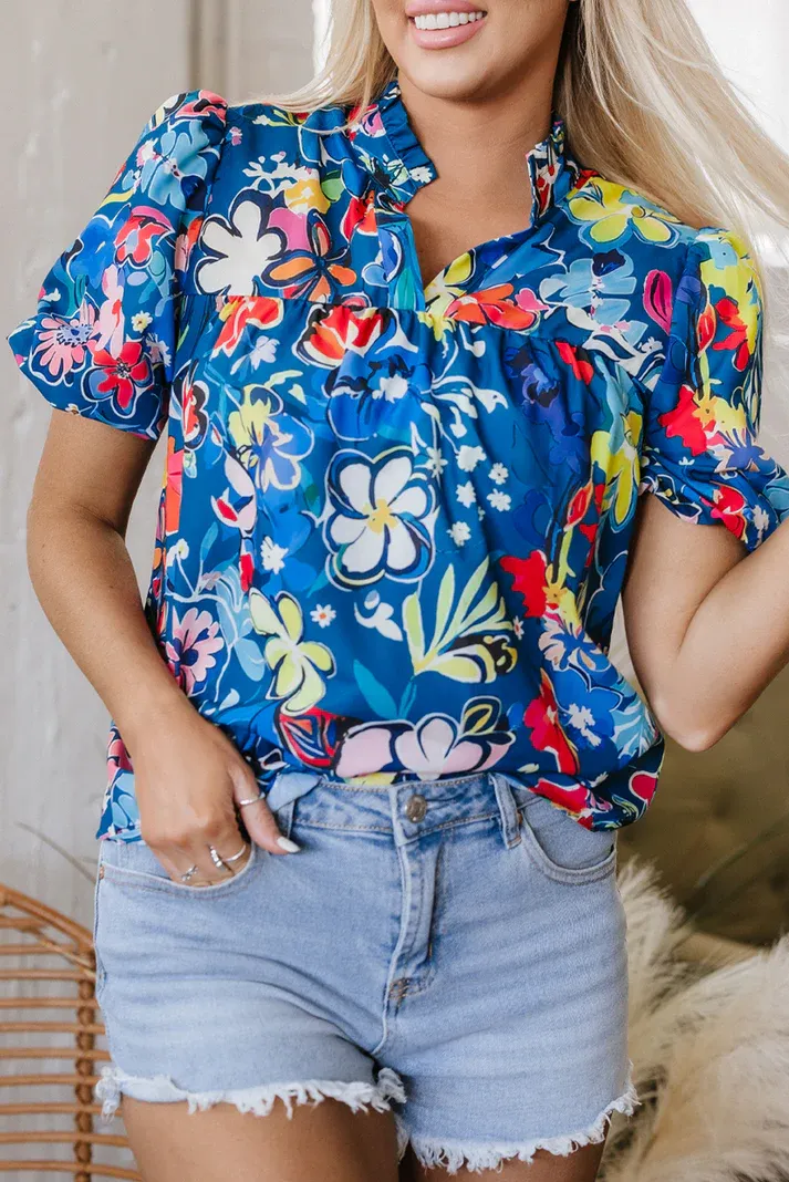 Blue Flower Puff Blouse