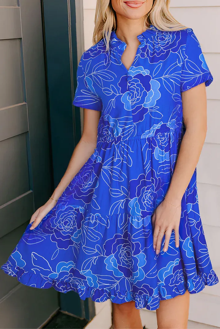 Blue Floral Ruffle Blouse