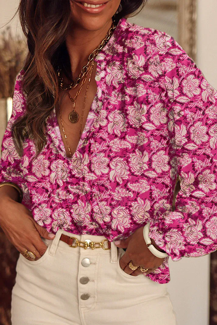 Pink Floral Pleated Blouse