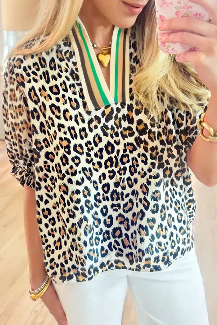 Leopard Contrast V Neck