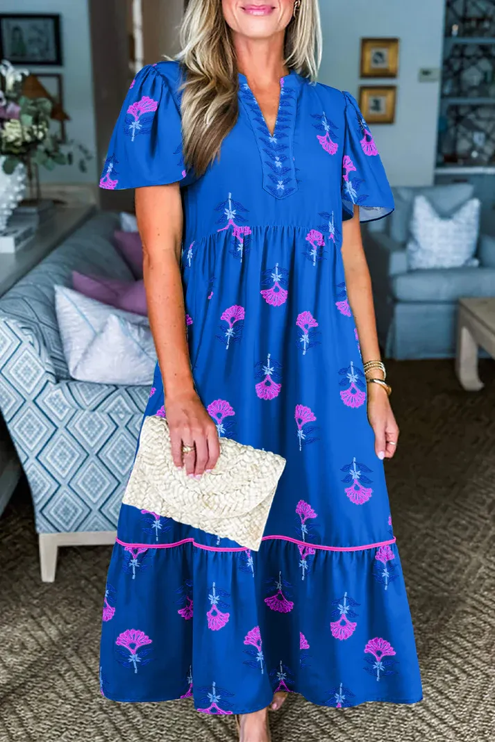 Blue Floral Notched Dress
