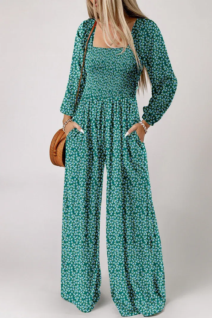 Green Floral Smocked Jumpsuit