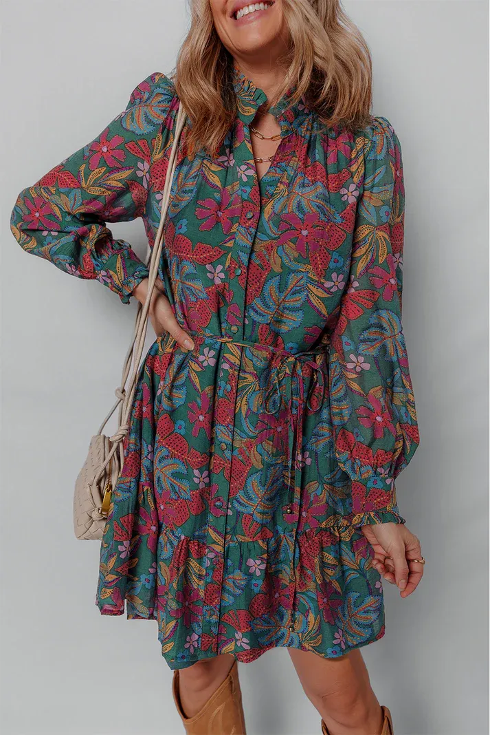 Green Floral Frilled Dress