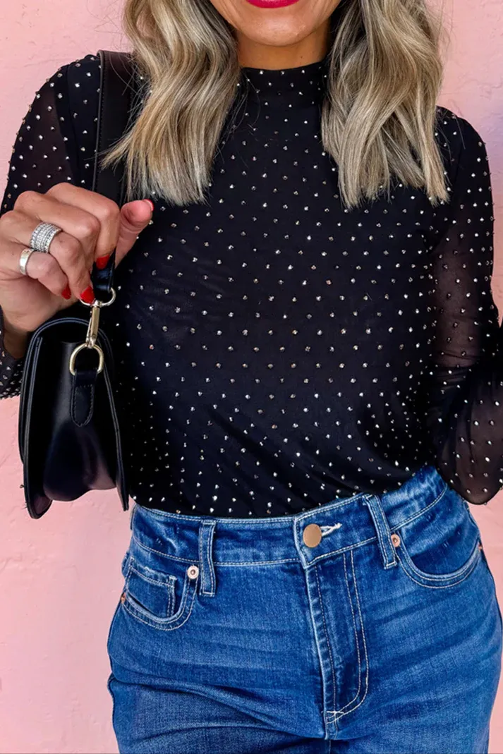 Black Rhinestone Mesh Top
