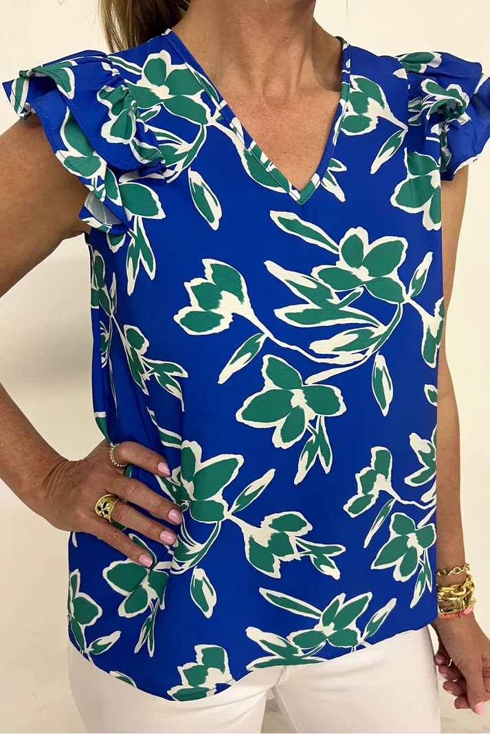 Blue Floral Ruffled Blouse