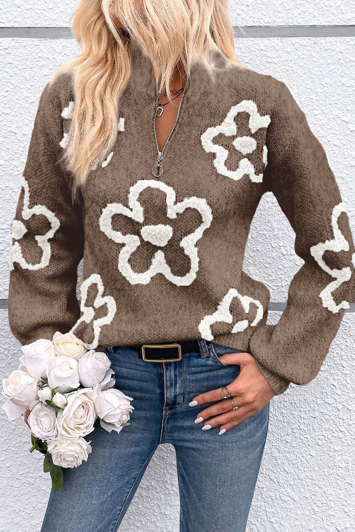 Beige Contrast Flower Sweater