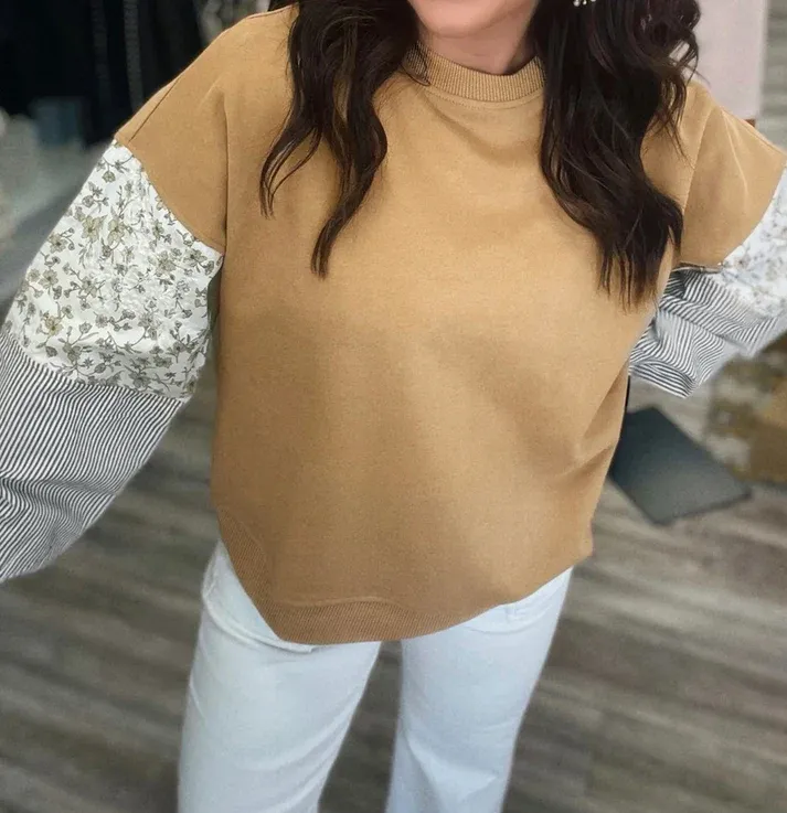 Camel Floral Striped Crew