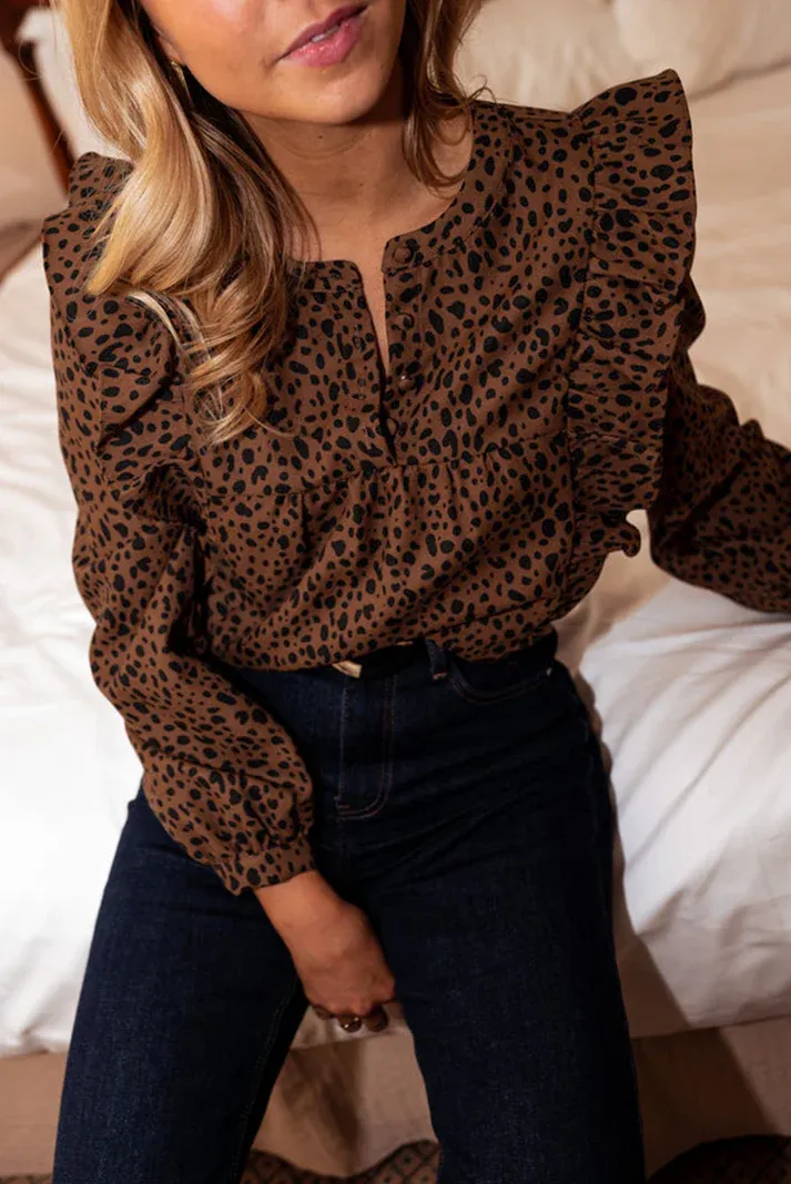 Brown Leopard Ruffle Sleeve Blouse