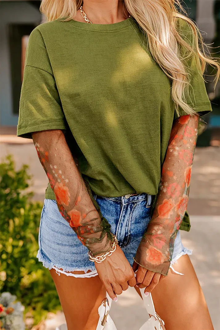 Green Floral Mesh Top