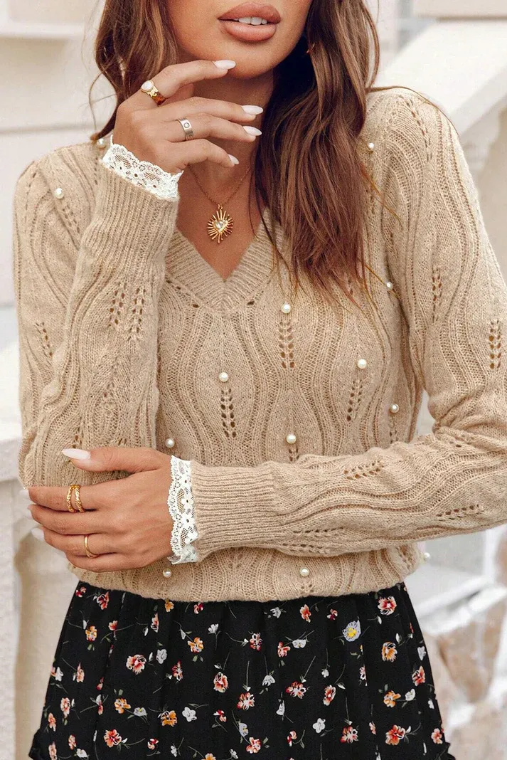 Pearl Beaded Peep Lace Sweater
