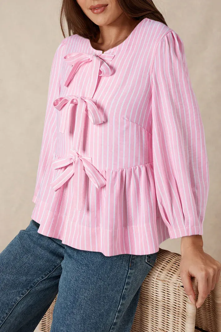 Pink Stripe Bowknot Blouse