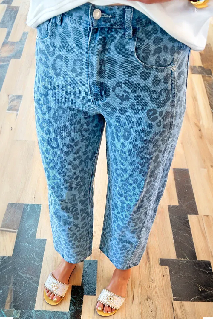 Sky Blue Leopard Straight Jeans