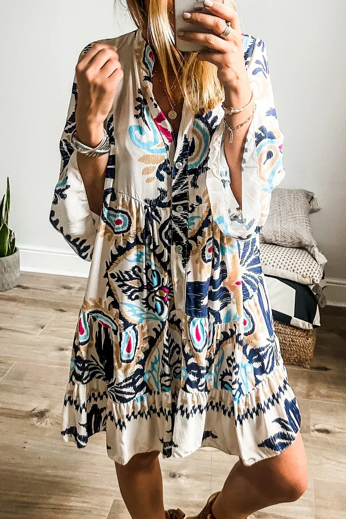 White Tribal Print Mini Dress