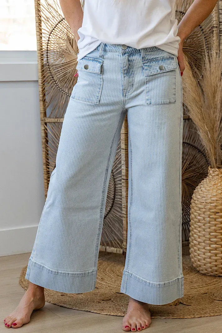 Sky Blue Stripe Cuffed Jeans