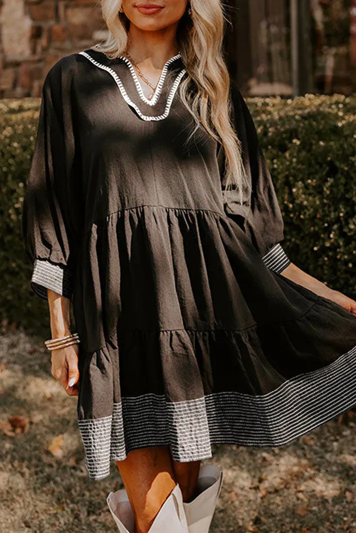 Black Stitched Tiered Mini Dress