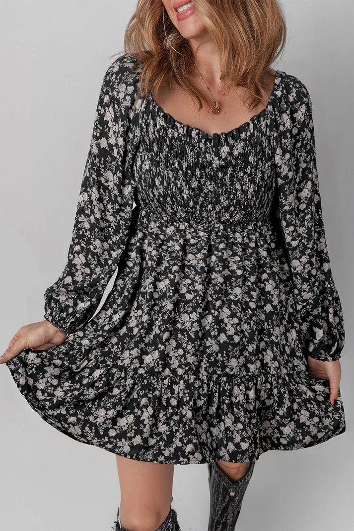 Black Floral Shirred Mini Dress