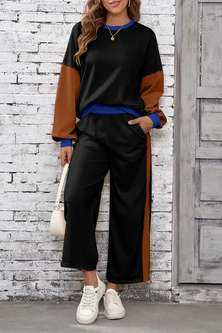 Colorblock Loose Pullover Set