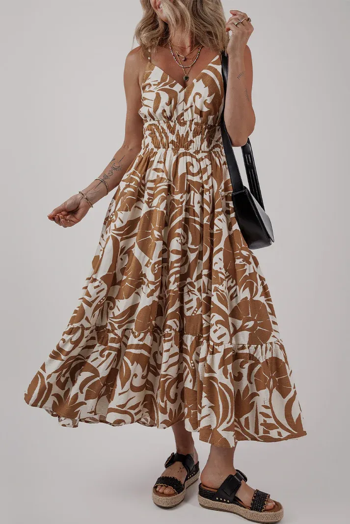 Khaki Floral Shirred Maxi Dress