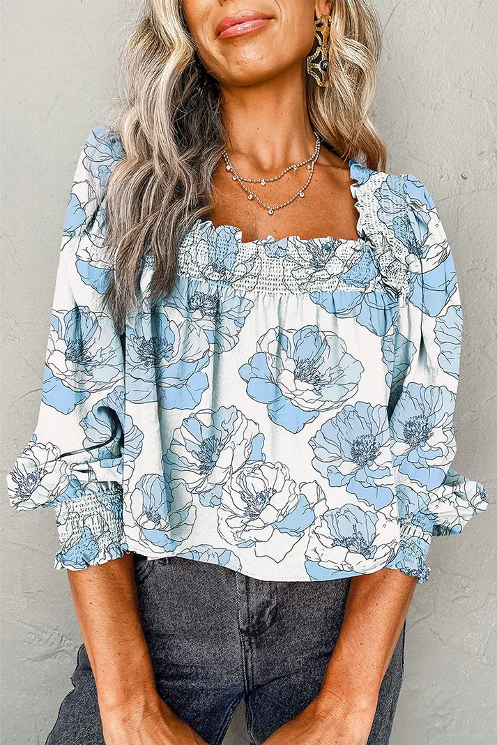 Blue Floral Square Neck Blouse