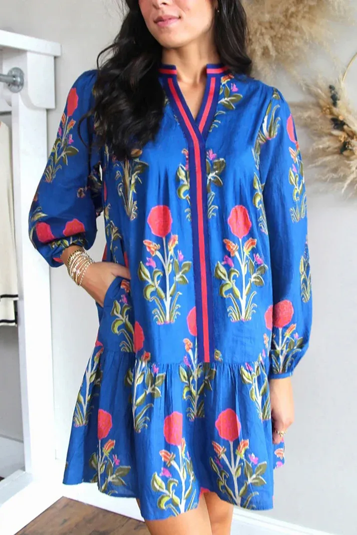 Blue Floral Notched Neck Dress