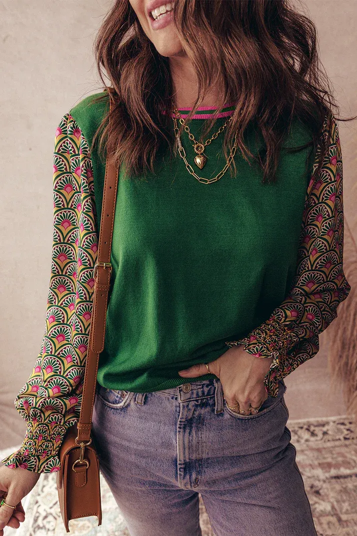 Green Floral Shirred Cuff Top