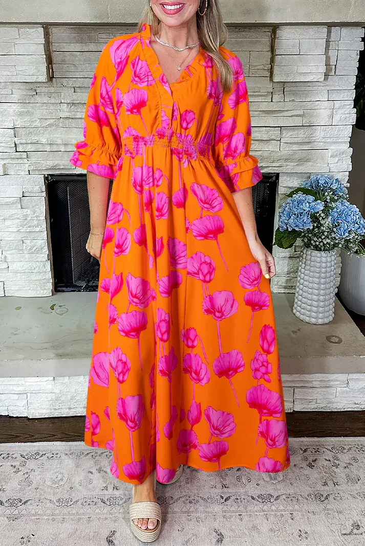 Orange Floral Smocked Fall Maxi