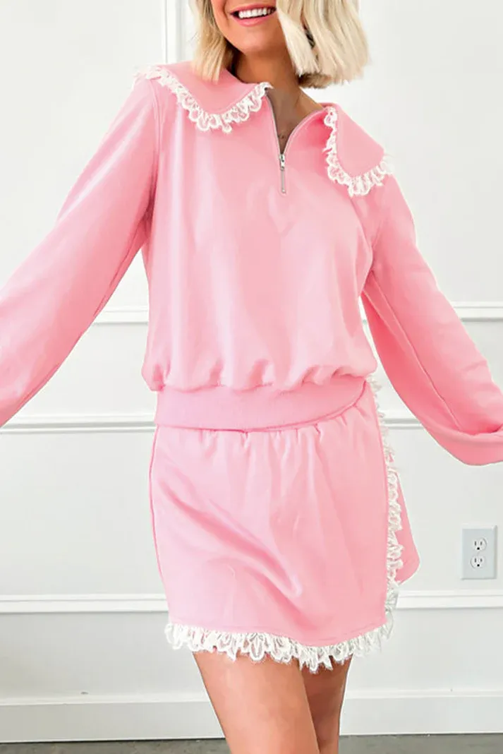 Pink Lace Sweatshirt Set