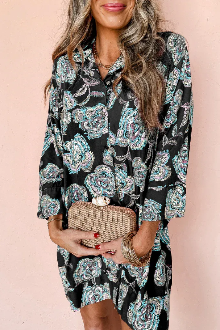 Black Floral Lapel Dress