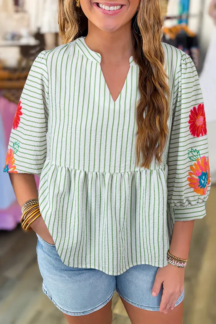 Green Striped Flower Babydoll Blouse