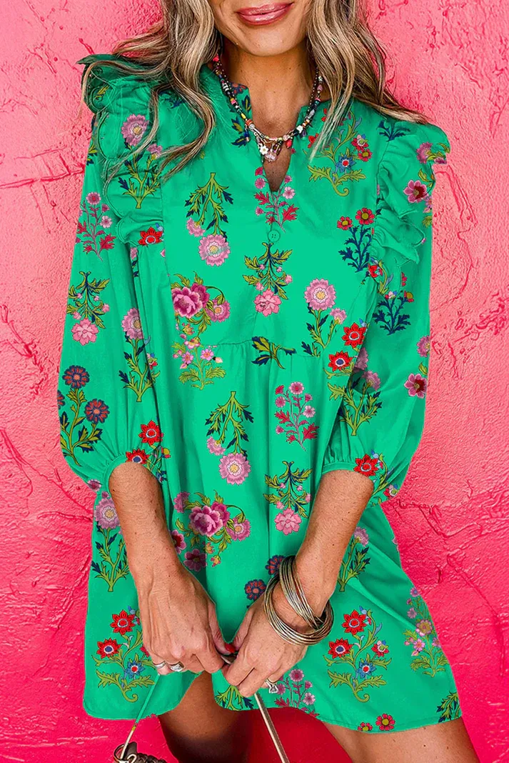 Green Floral Ruffled Dress