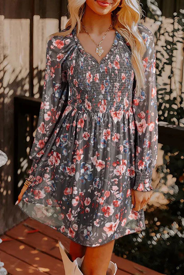 Smocked Floral Mesh Dress