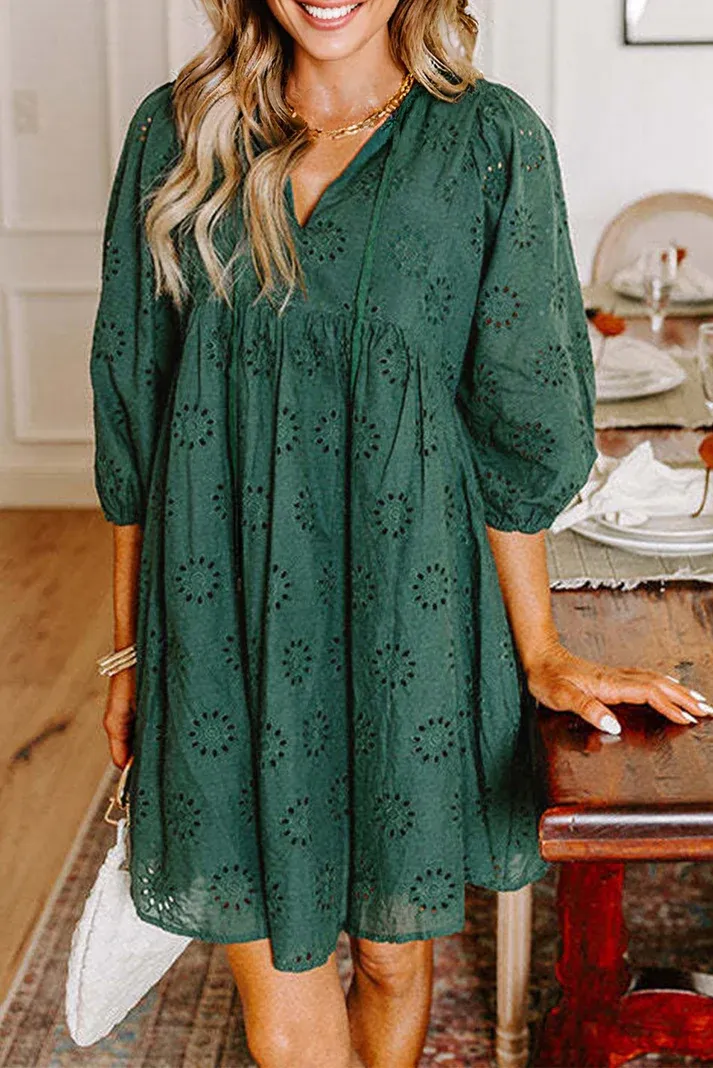 Green Eyelet Puff Sleeve Dress