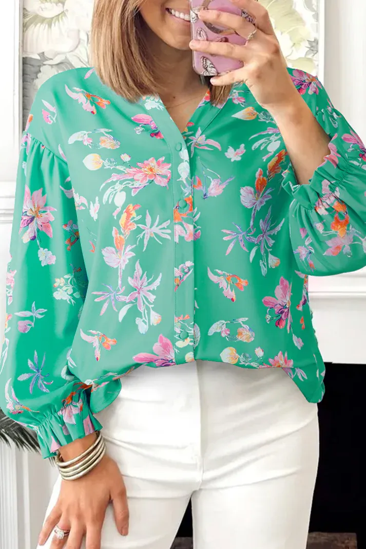 Green Floral Button Top