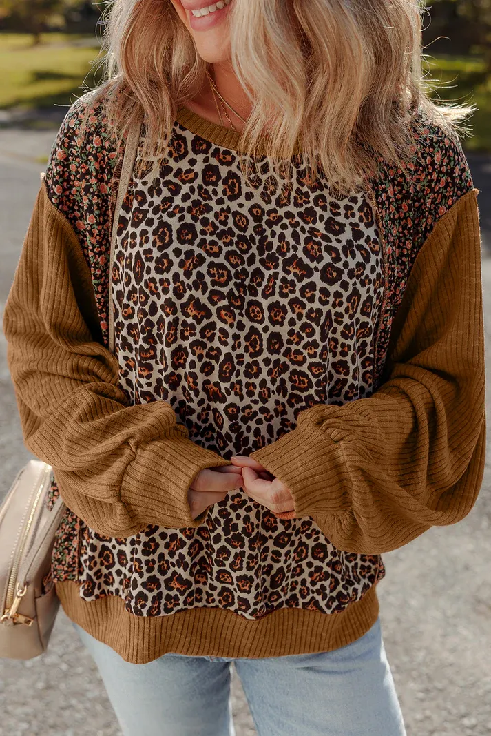 Brown Leopard Floral Pullover