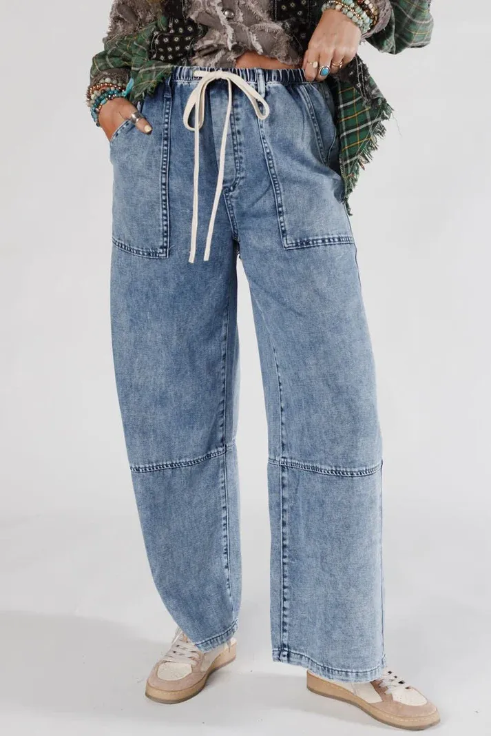Acid Wash Drawstring Waistband Jeans