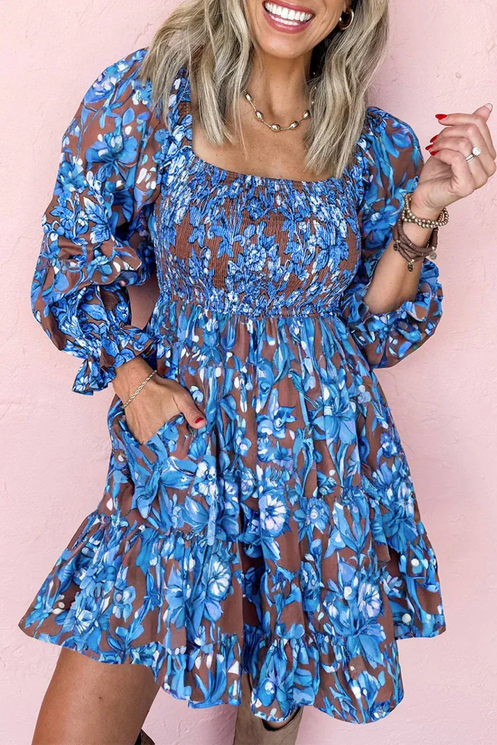 Blue Smocked Floral Fall Dress