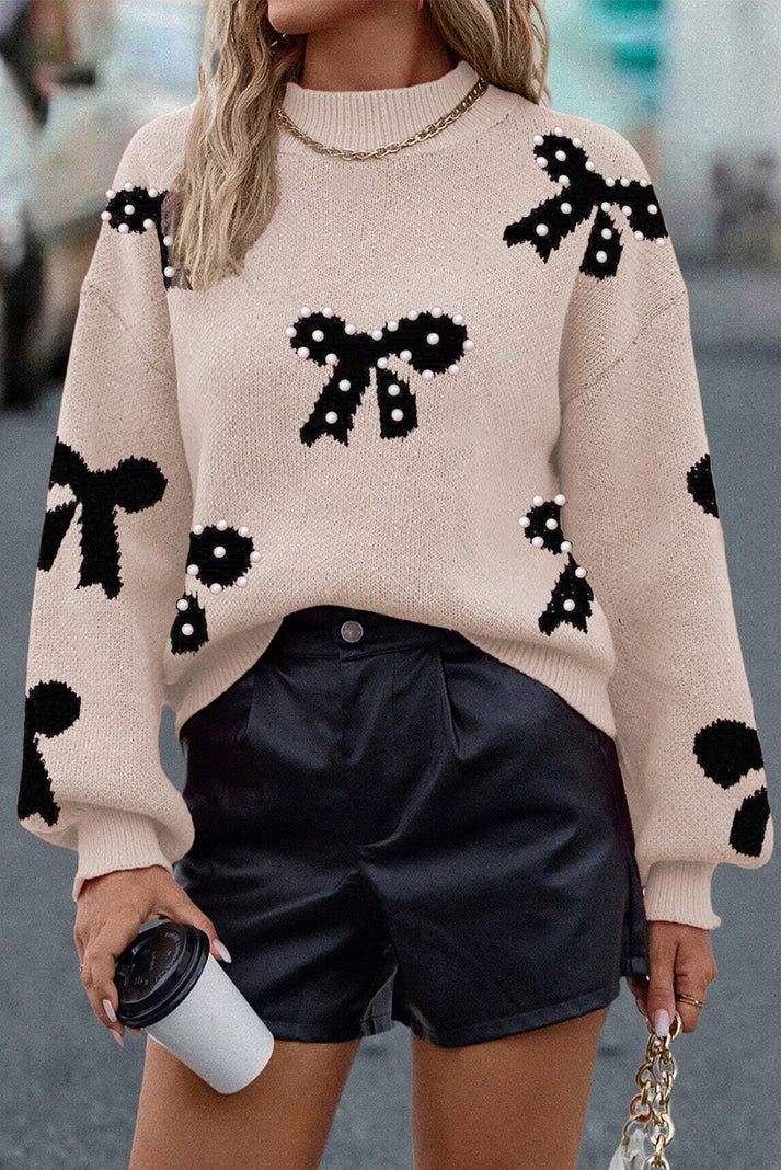 Beige Pearl Bow Sweater