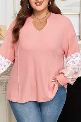 Pink Floral Sleeve Waffle Top