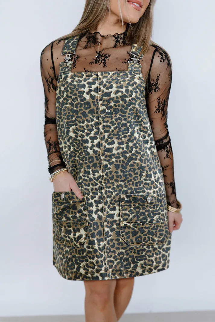 Leopard Denim Overall Dress