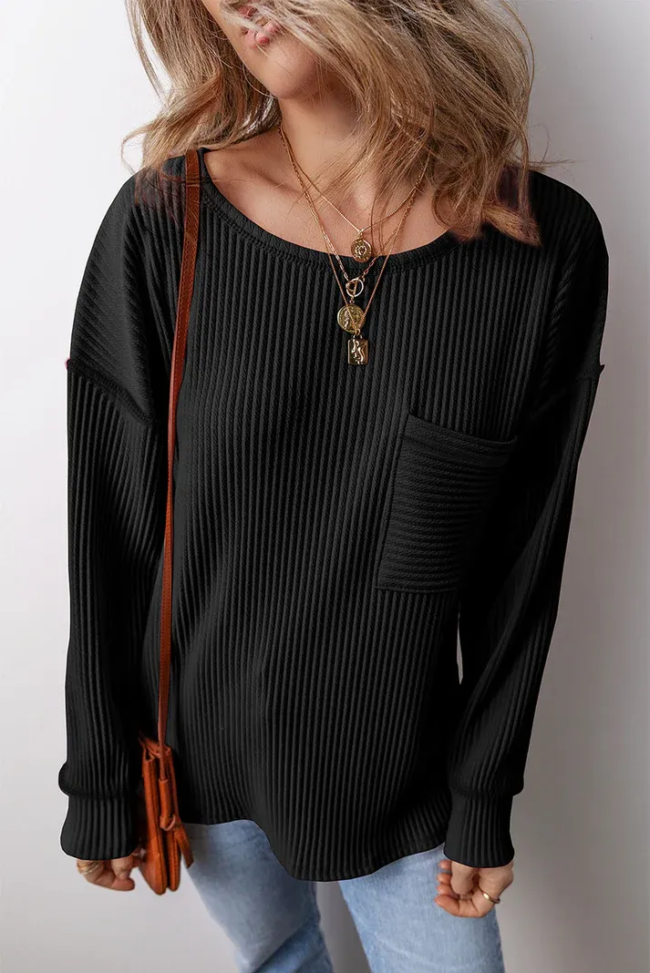 Black Corded Drop Shoulder Top