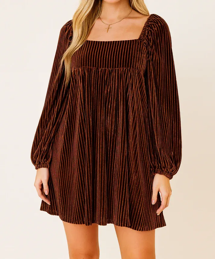 Brown Velvet Babydoll Dress