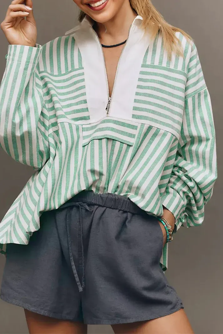 Green Stripe Half Zip Top