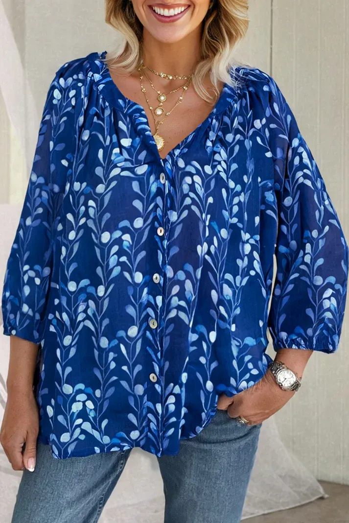 Blue Floral Notched Blouse