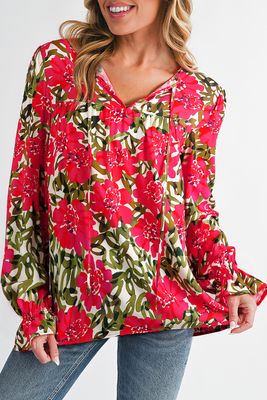 Red Floral Print Lace Up Blouse