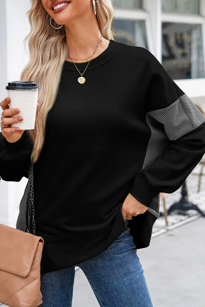Black Corduroy Side Slit Sweatshirt
