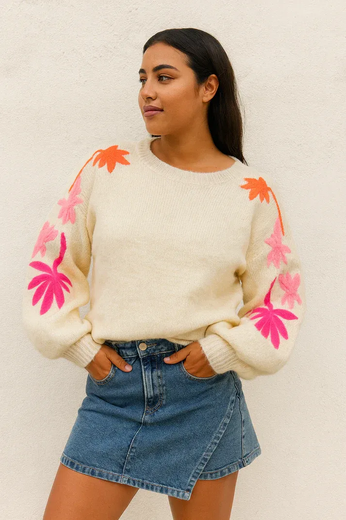 Beige Embroidered Floral Sweater