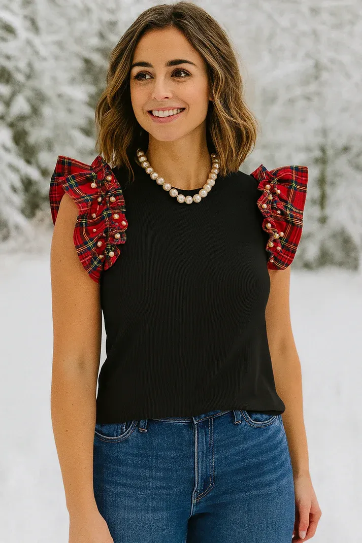 Plaid Pearl Ruffle Top