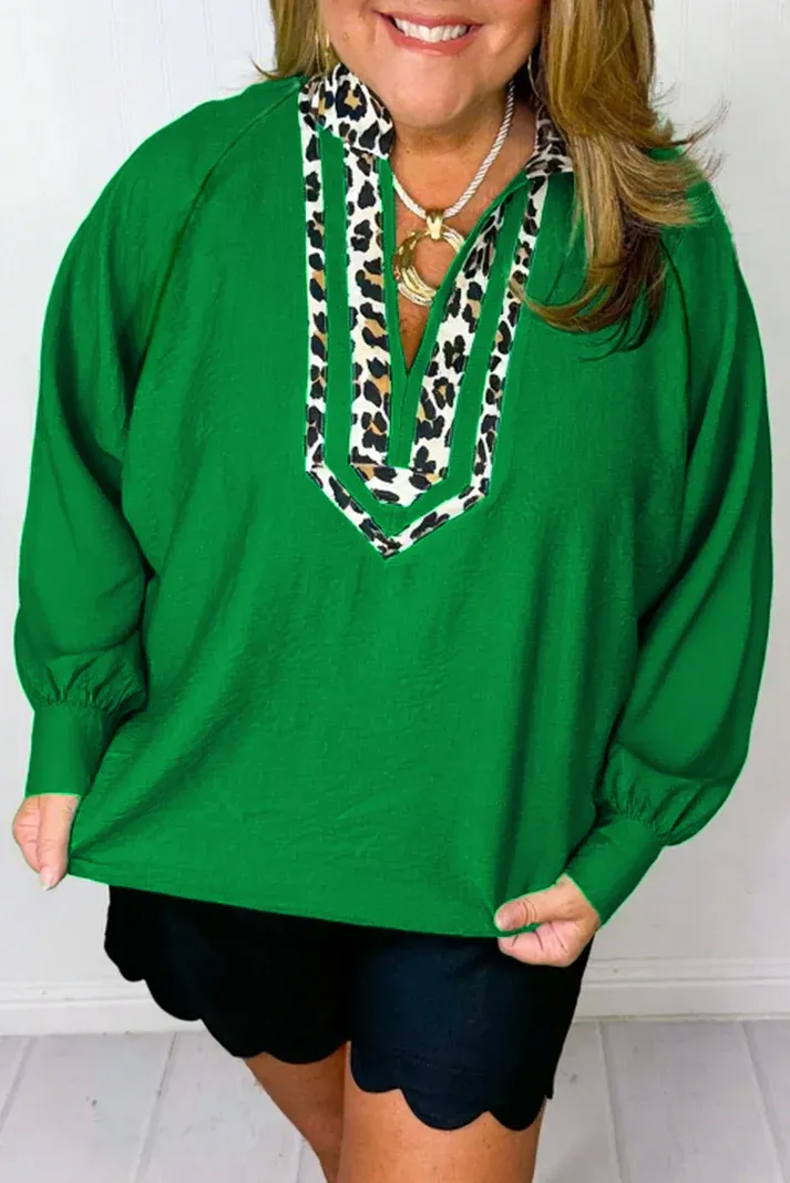 Green Leopard Trim Blouse