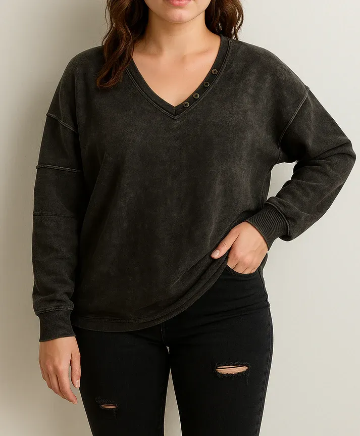 Mineral Wash Button V Neck