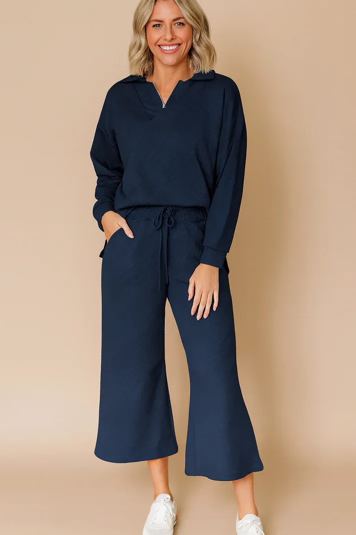 Blue Textured V Neck Set